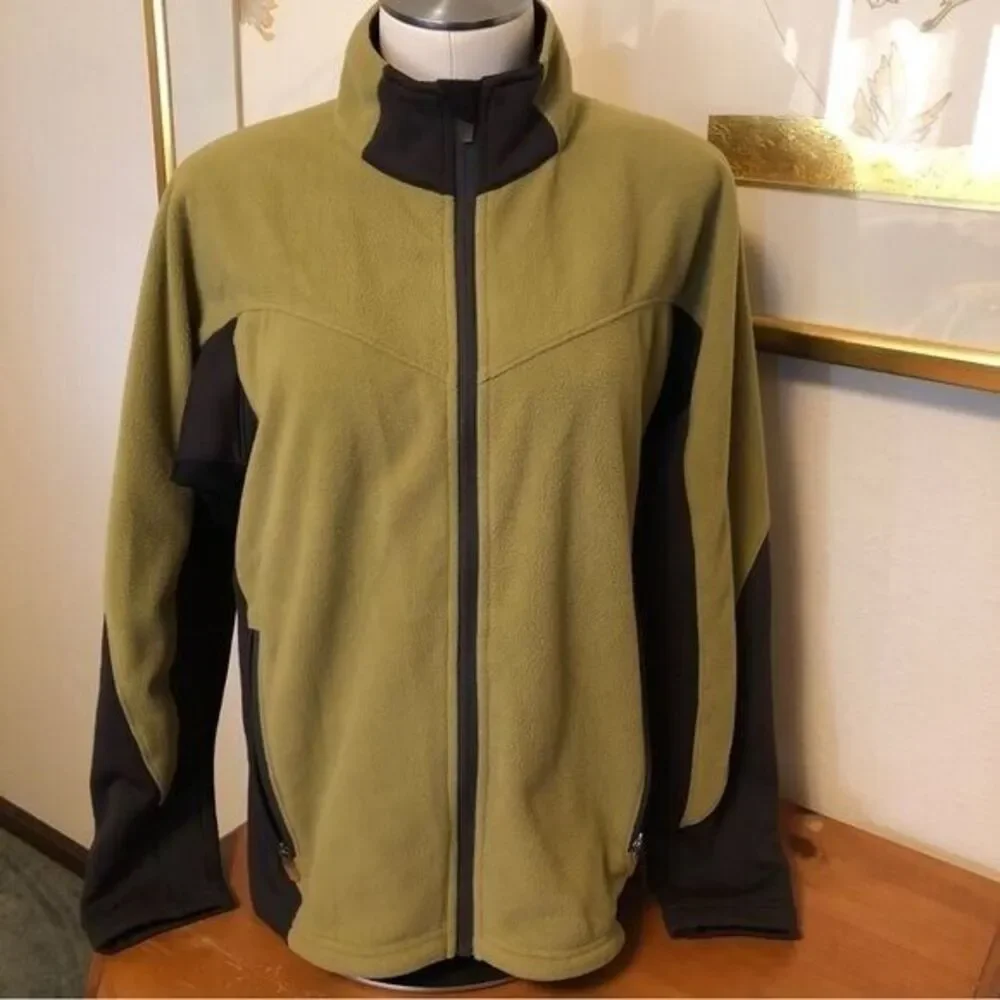 REI Women's Large Green‎ Fleece Full Zip Jacket Black Side Panels Hiking Camping